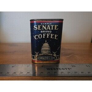 Antique Senate Brand Coffee Sample Tin J.F. Halladay Battle Creek MI Coin Bank
